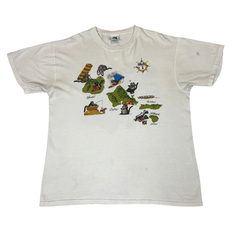 Vintage B Kliban Cats Hawaiian Islands Shirt Large Single Stitch Map 80s 90s